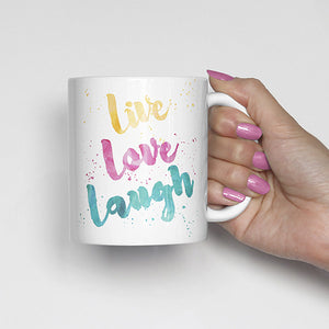 "Live, love, laugh" Watercolor, Calligraphy Mug (yellow, pink, blue)