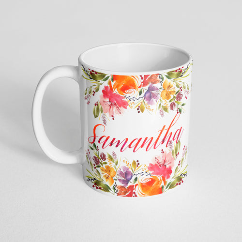 Your name with pink and orange watercolor florals Mug