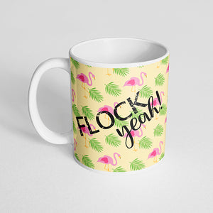 "Flock yeah!", flamingo and palm trees mug