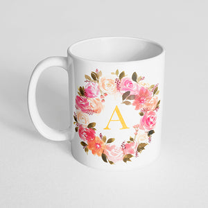 Lush Pink Floral Wreath with Letter Initial Mug
