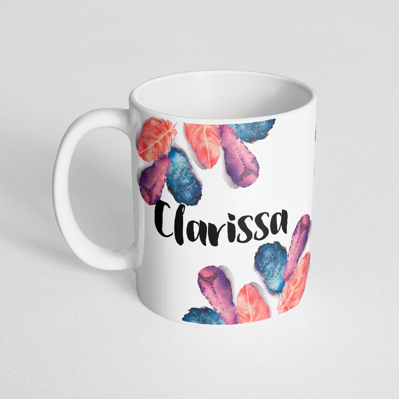 Your name with purple, orange, blue watercolor feathers Mug