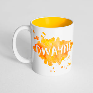 Your Name with a Yellow Orange Watercolor Design on a Yellow Innercolor Mug