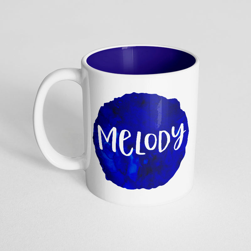 Your Name with a Dark Blue Watercolor Design on a Dark Blue Innercolor Mug