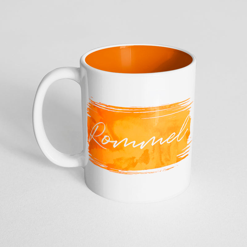 Your Name with an Orange Watercolor Design on an Orange Innercolor Mug