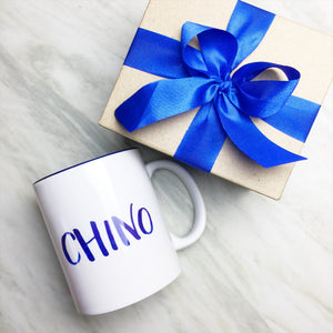 Your Name on a Dark Blue Inner-color Mug + Special Gift Box and Royal Blue Ribbon