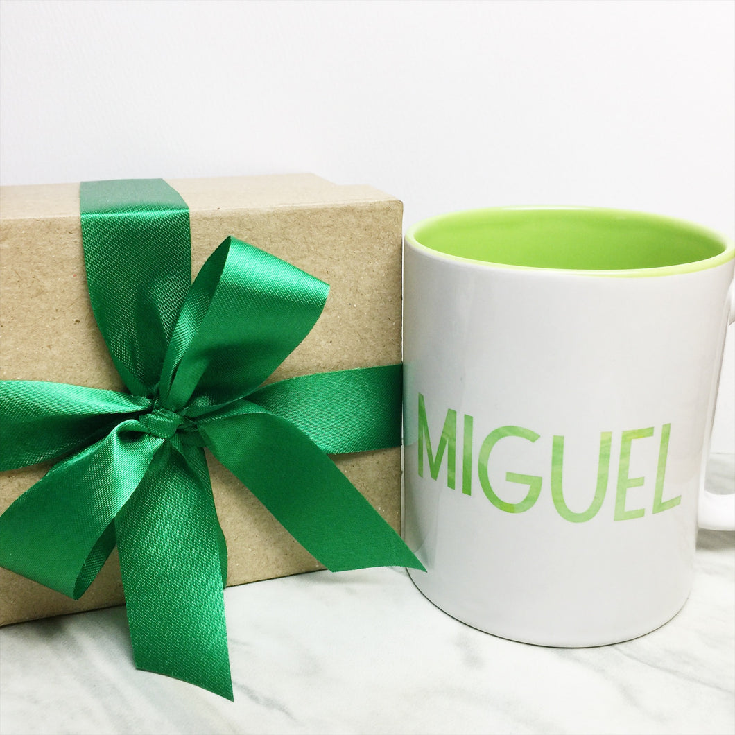 Your Name on a Light Green Inner-color Mug + Special Gift Box and Green Ribbon