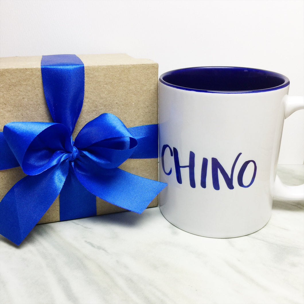 Your Name on a Dark Blue Inner-color Mug + Special Gift Box and Royal Blue Ribbon